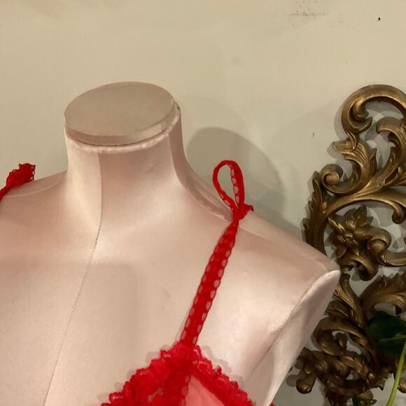 Vintage V-Neck Lace Teddy Bodysuit High Cut lingerie Size L Red - Picture 3 of 7